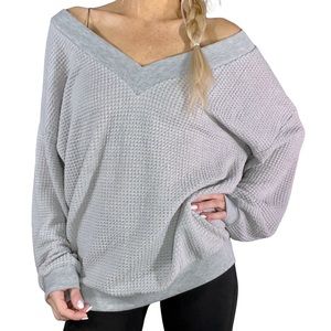 Long Bell Sleeve Waffle Knit‎ V-Neck Sweater